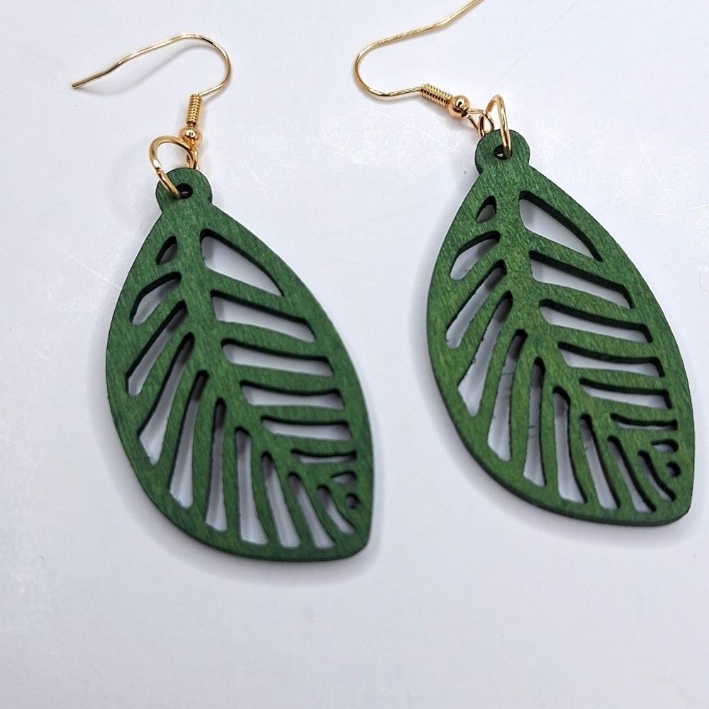 Green leaf earrings Hollowed out lightweight boho jewelry
